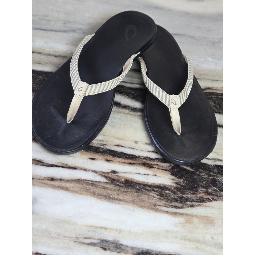 Olukai Ohana Womens 8 Flip Flops Black Banyan Striped Comfort Thong Sandals